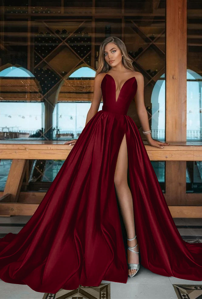 Long V-Neck Emerald Green Prom Dress With Split