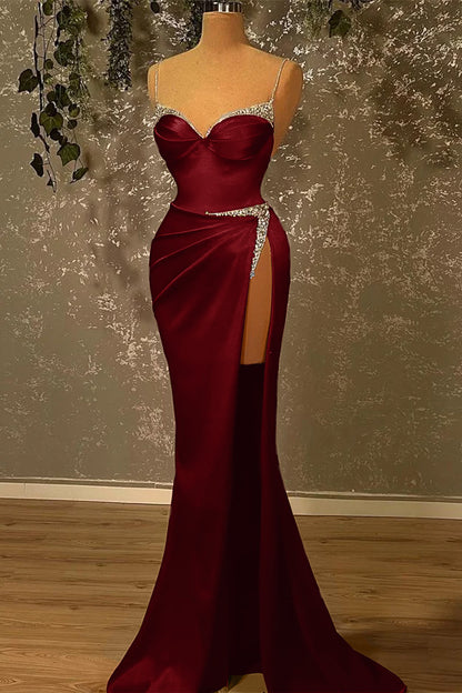 Spaghetti-Straps Beadings Burgundy Mermaid Prom Dress With Slit