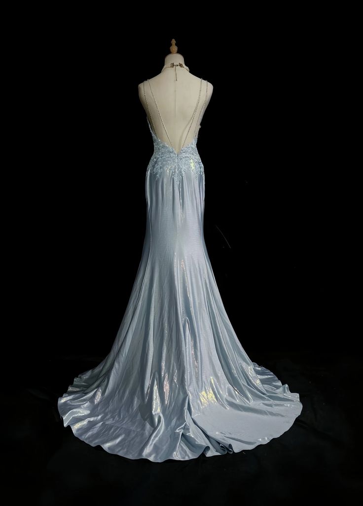 Classy Mermaid Spaghetti Straps Appliques Satin Open Back Long Party Dress Evening Dress SH2916