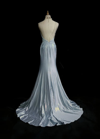 Classy Mermaid Spaghetti Straps Appliques Satin Open Back Long Party Dress Evening Dress SH2916