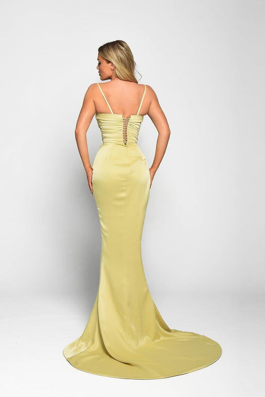 Chic Daffodil Satin Spaghetti Strap Pleated Sleeveless Prom Dress with Split