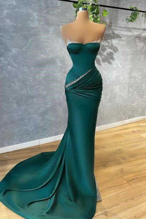 Dark Green Mermaid Prom Dress Strapless With beads