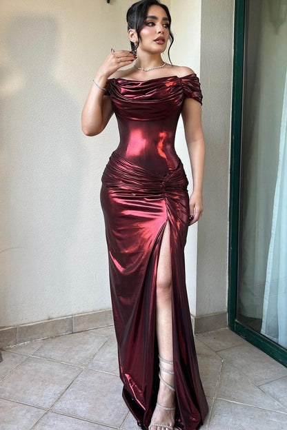 Glamorous Off the Shoulder Strapless Pleated Long Slim Prom Dress with Split