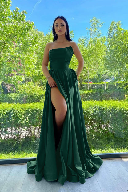 Elegant Strapless A-Line Prom Dress Green With Slit