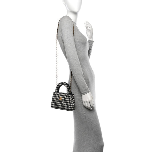Tweed Houndstooth Quilted Nano Kelly Shopper Black White