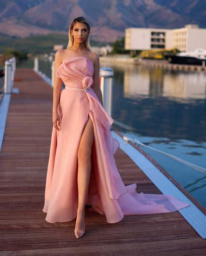 Elegant Sleeveless Strapless Square Long Prom Dress With Slit
