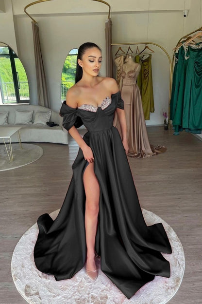 Elegant Fuchsia Off-The-Shoulder Beaded Sweetheart Prom Dress With Split