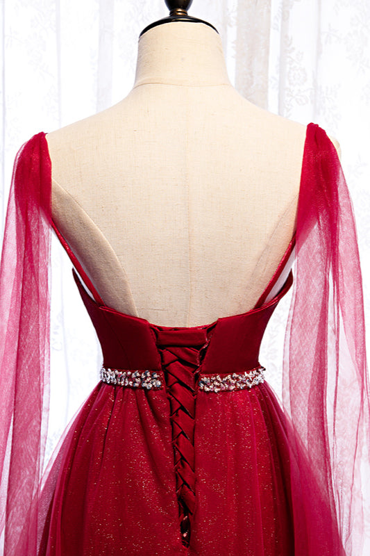 Burgundy Spagetti-Strap Sleeveless Prom Dress Tulle Ruffles with Beadings