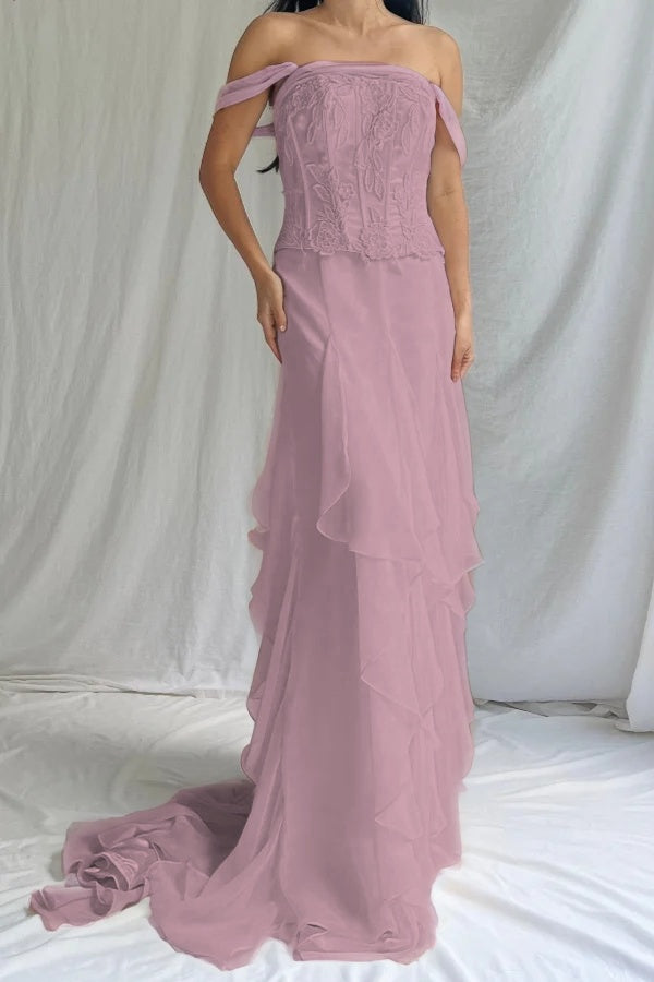 Elegant Ivory Off-Shoulders Evening Dress Sleeveless Ruffles with Applique
