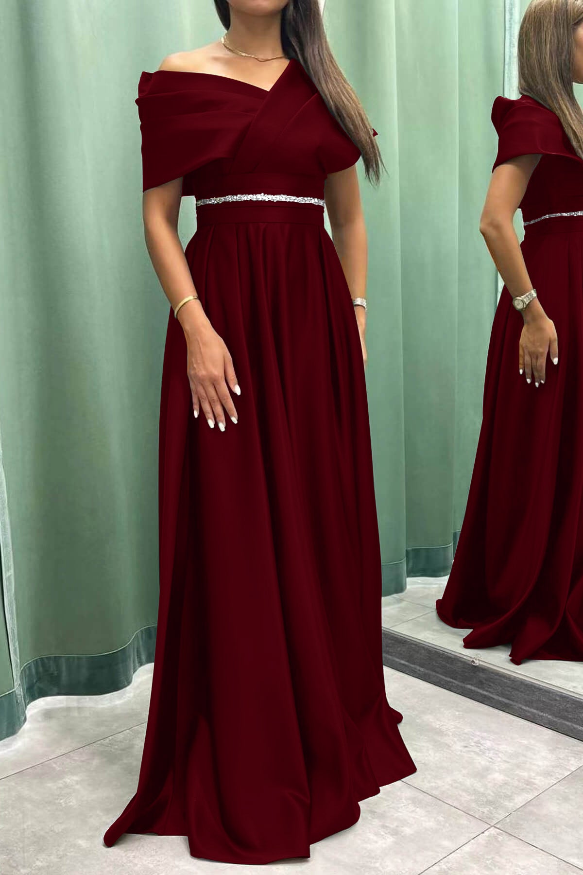 Elegant Long Evening Dress Pleat Off-The-Shoulder