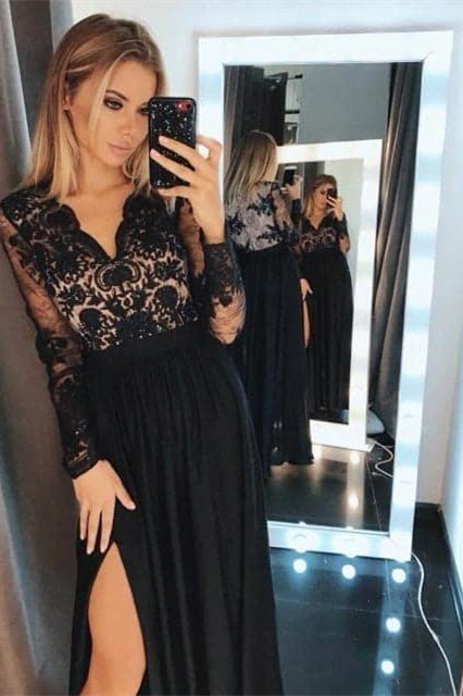 Long Sleeves Slit Black Prom Dress