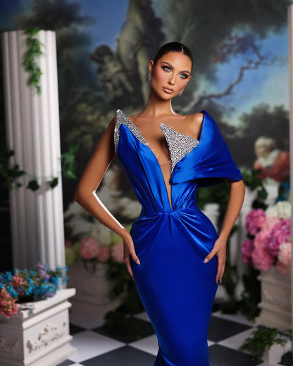 Royal Blue Sleeveless Off-Shoulders Mermaid Beads Prom Dress