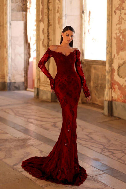 Elegant Black Lace Long Sleeves Off the Shoulder Mermaid Long Prom Dress with Beadings