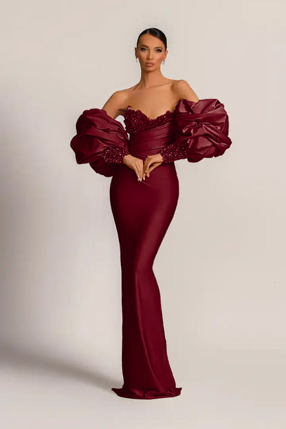 Purple Mermaid Prom Dress With Appliques Puff Sleeves