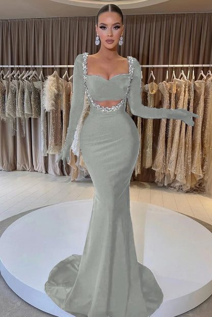 Black Long Sleeve Beaded Charming Mermaid Prom Dress With Gloves