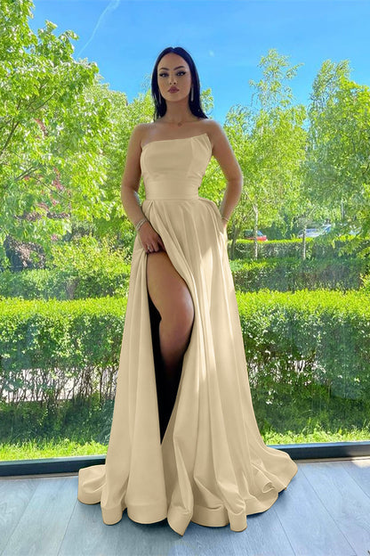 Elegant Strapless A-Line Prom Dress Green With Slit