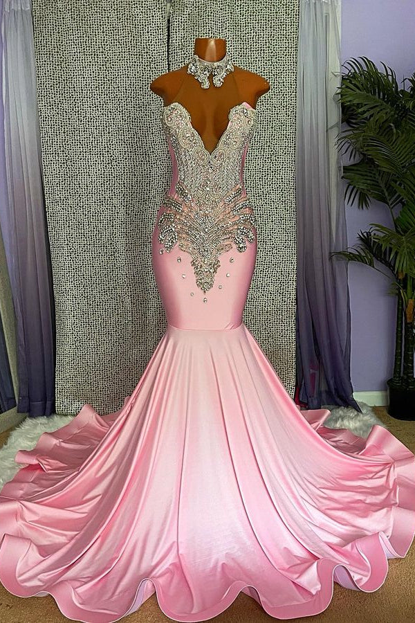 Mermaid Pink High Neck Prom Dress Beaded With Appliques