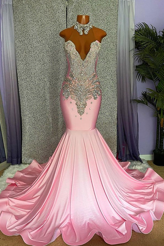 Mermaid Pink High Neck Prom Dress Beaded With Appliques