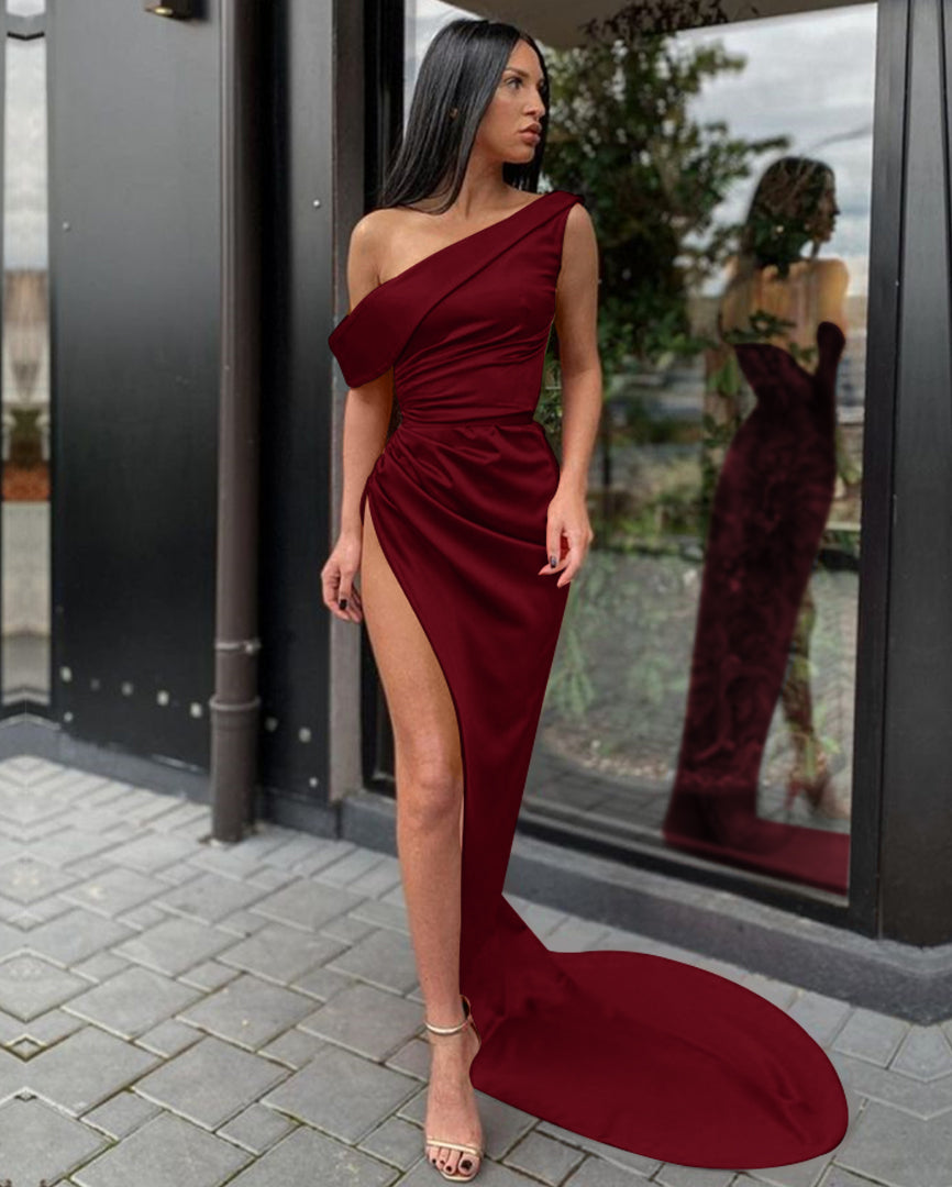 One Shoulder Orange Mermaid Prom Dress With Split