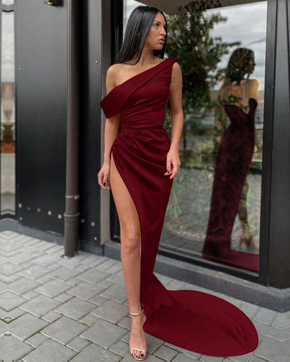 One Shoulder Orange Mermaid Prom Dress With Split