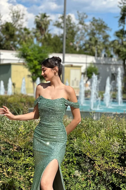 Sleeveless Strapless Off-Shoulders Square Sequins Prom Dress