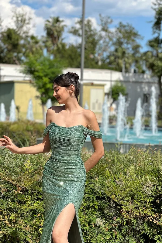 Sleeveless Strapless Off-Shoulders Square Sequins Prom Dress