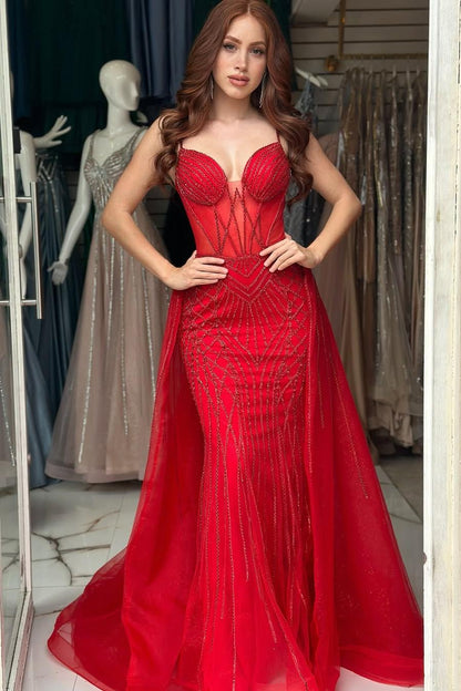 Elegant Red Sequins Spaghtti Strap Sleeveless Sweetheart Prom Dress with Detachable Train