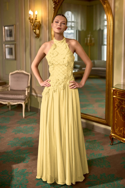 Halter Evening Dress Floor Length Sheath with Beading and Flower