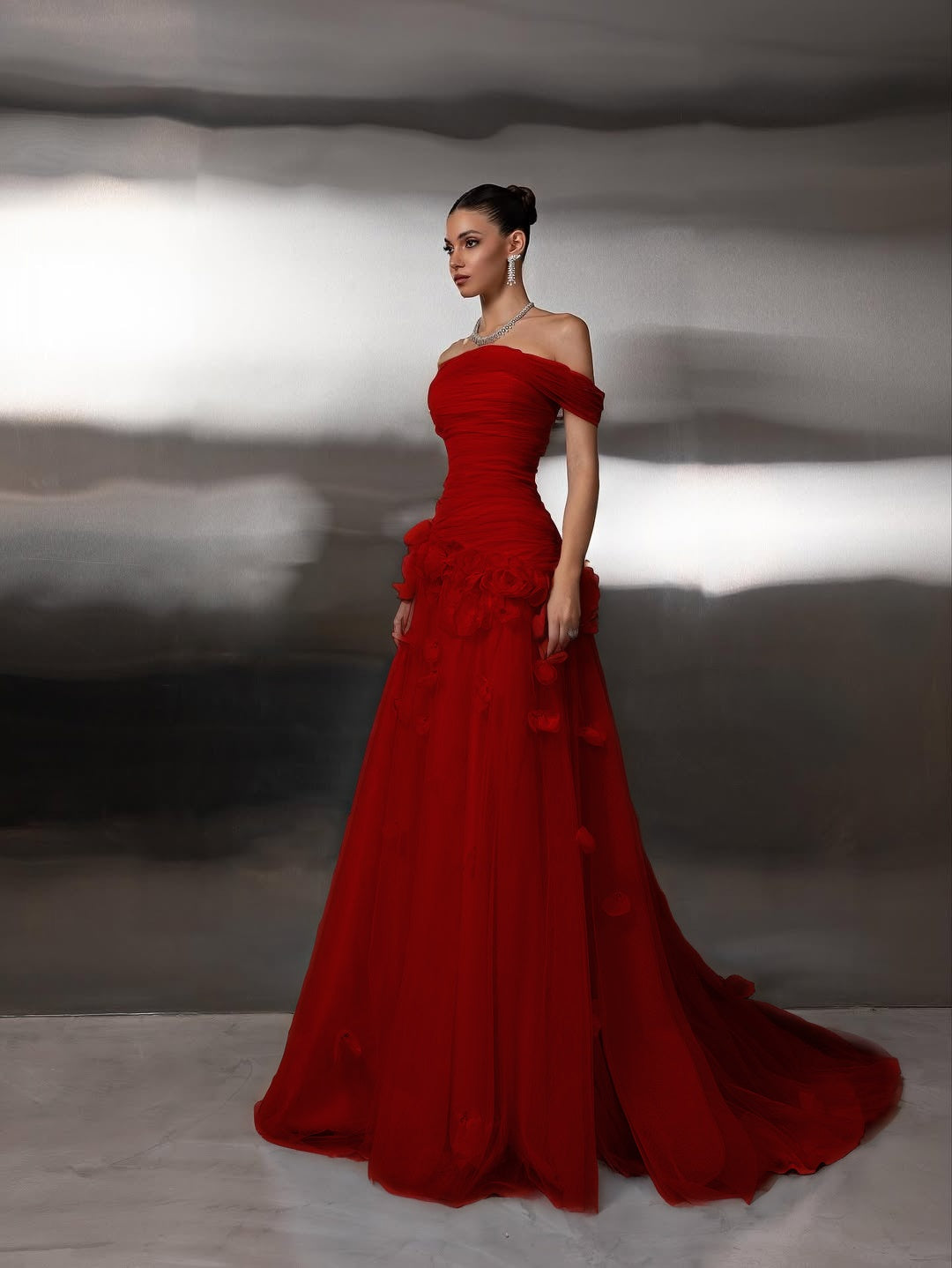 Off Shoulder Sleeveless A-Line Handmade Flower Prom Dress