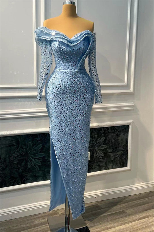 Blue Sweetheart Long Sleeves Mermaid Prom Dress Slit With Beads