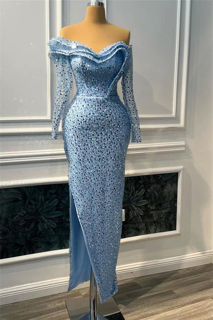 Blue Sweetheart Long Sleeves Mermaid Prom Dress Slit With Beads