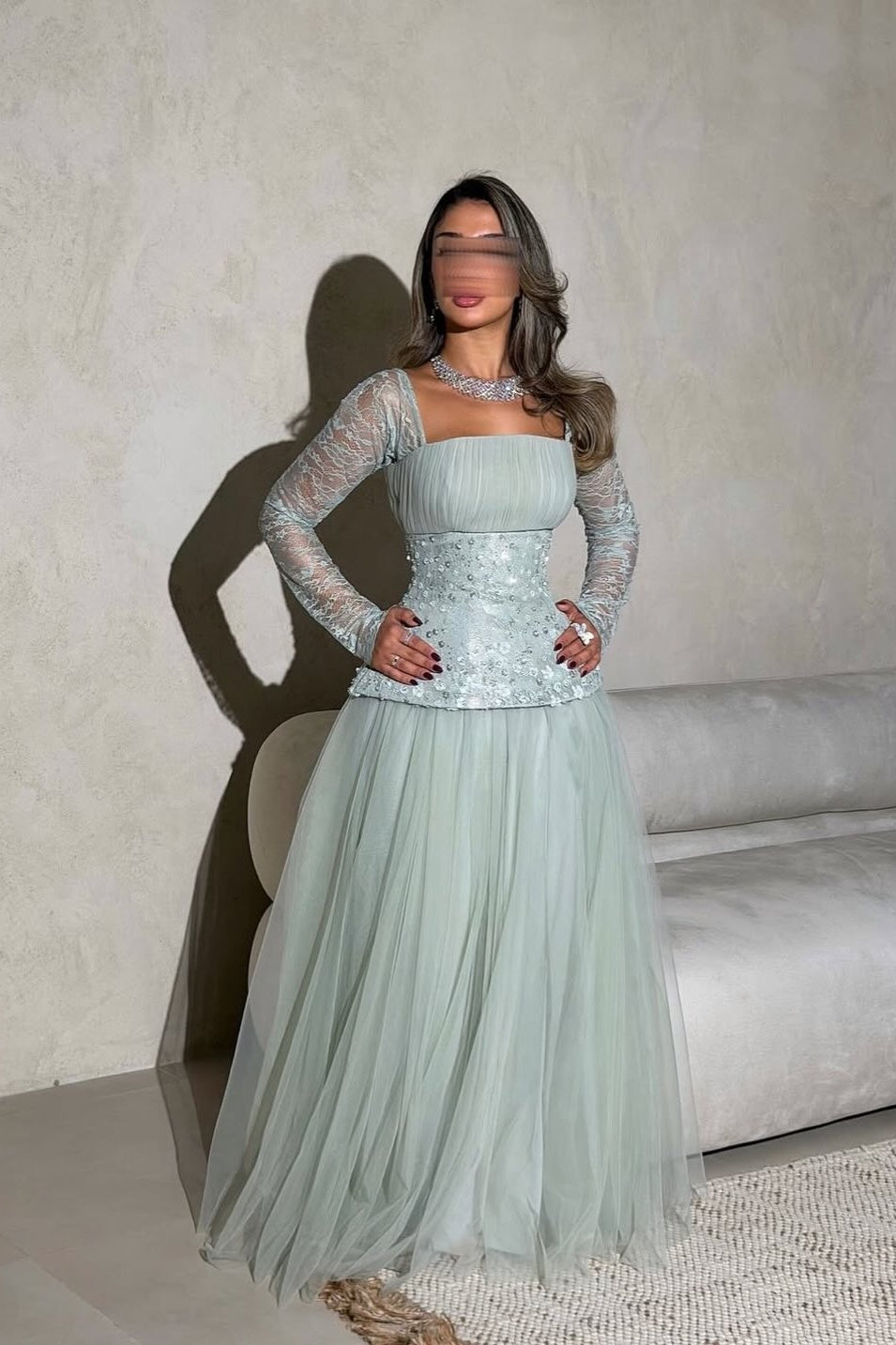Stunning Long Sleeves Strapless Square Beads Tulle Prom Dress
