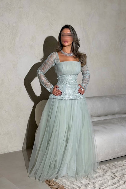 Stunning Long Sleeves Strapless Square Beads Tulle Prom Dress