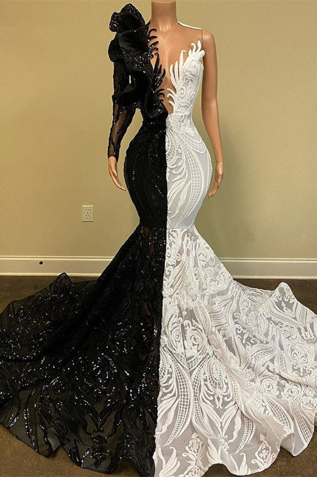 Black and White Lace Long Sleeves Mermaid Prom Dress Sequins