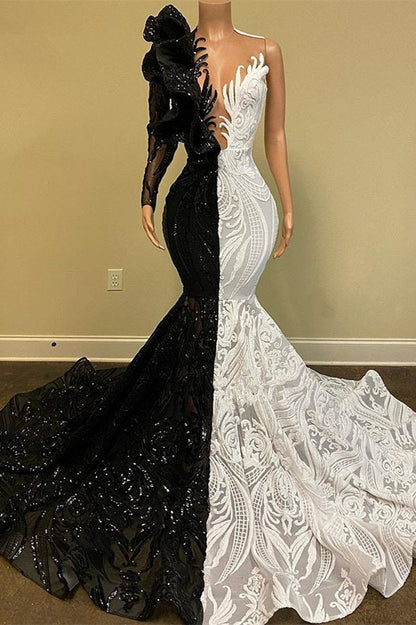 Black and White Lace Long Sleeves Mermaid Prom Dress Sequins