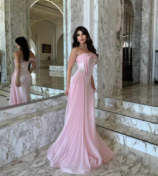 Elegant Pink Satin One Shoulder Beaded Strapless Prom Dress with Train