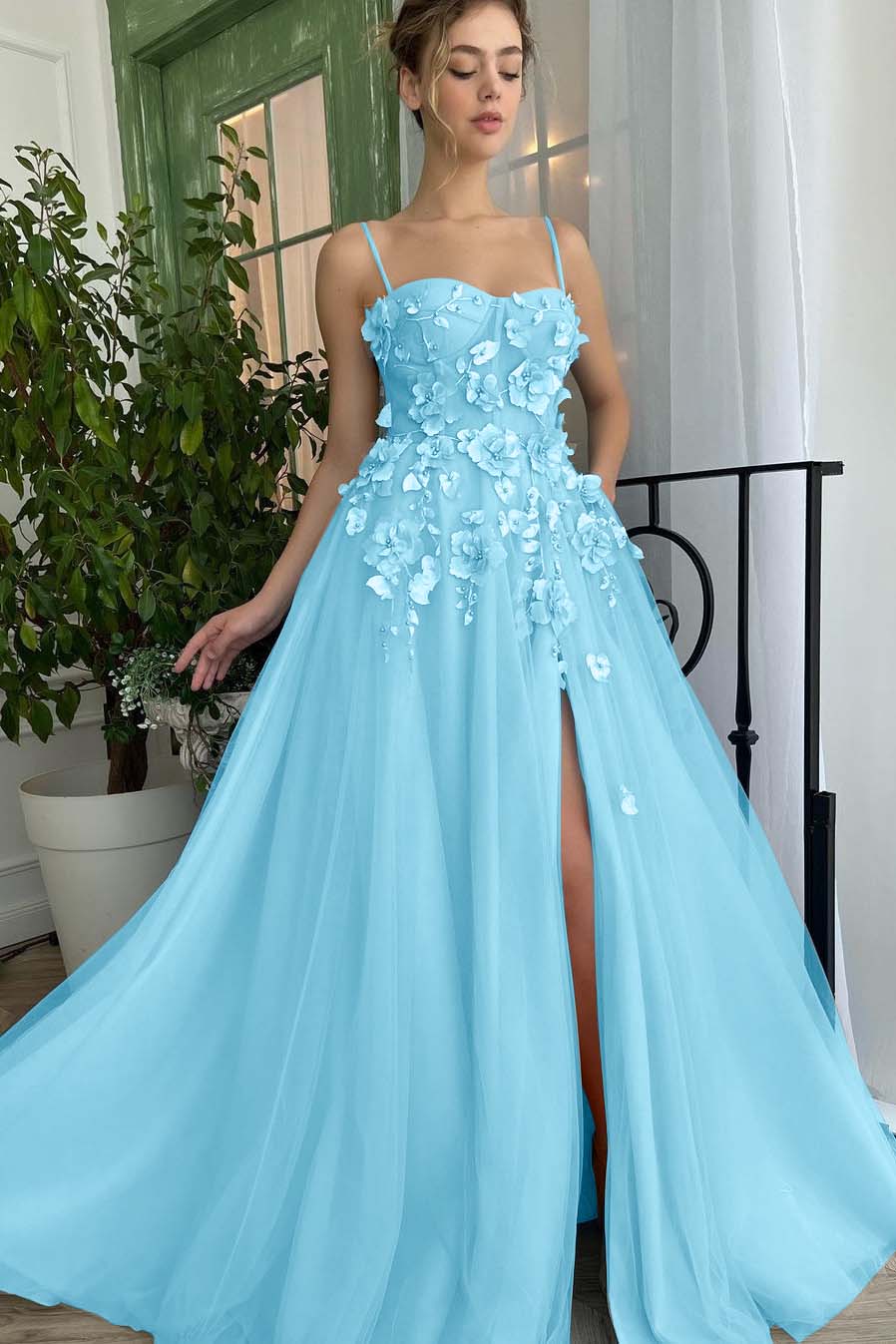 Baby Blue Sweetheart Flowers Appliques Spaghetti Strap Prom Dress Side Split