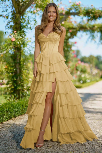 Elegant Daffodil Chiffon Strapless Sleeveless Applique Prom Dress with Ruffles