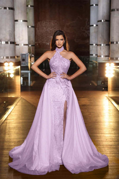 Purple Halter Mermaid Prom Dress Tulle Ruffles With Slit Appliques