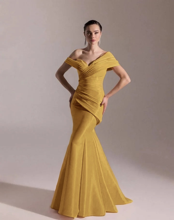 Classic Blushing Pink Off-The-Shoulder Mermaid Pleated Evening Dress