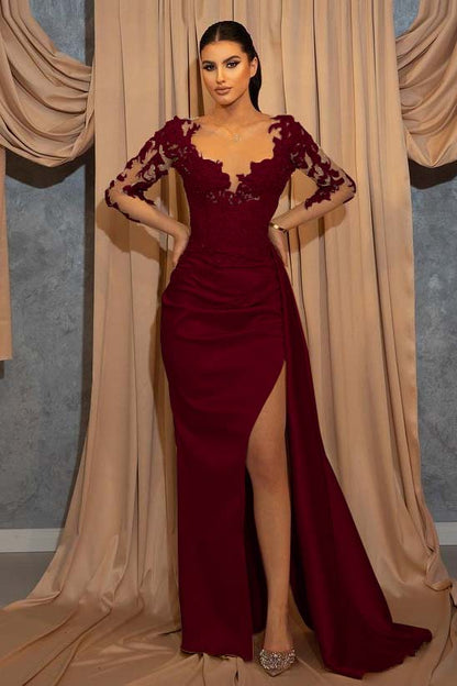 V-Neck Beads Long Sleeves Lace Appliques Prom Dress With Ruffles