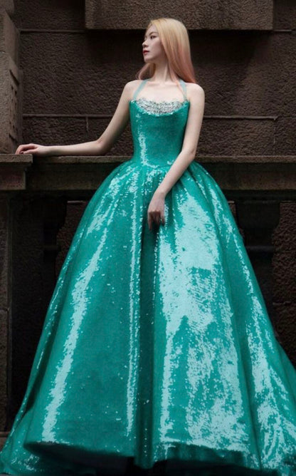 Gorgeous A Line Strapless Green Sequin Long Sweep Party Dress Evening Dress SH2879