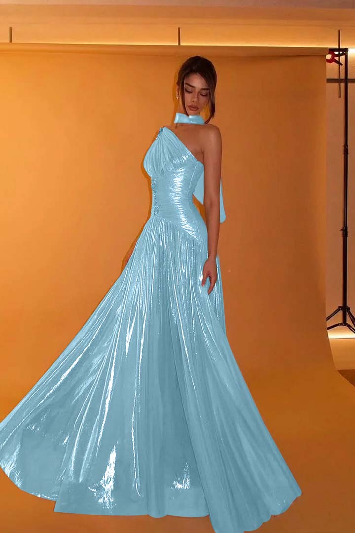 Charming One Shoulder Sleeveless Beaded Pleated Eevening Dress with Scarf