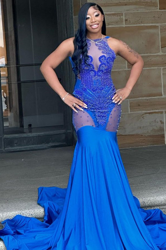 Royal Blue Beaded Mermaid Prom Dress Sequins With Appliques