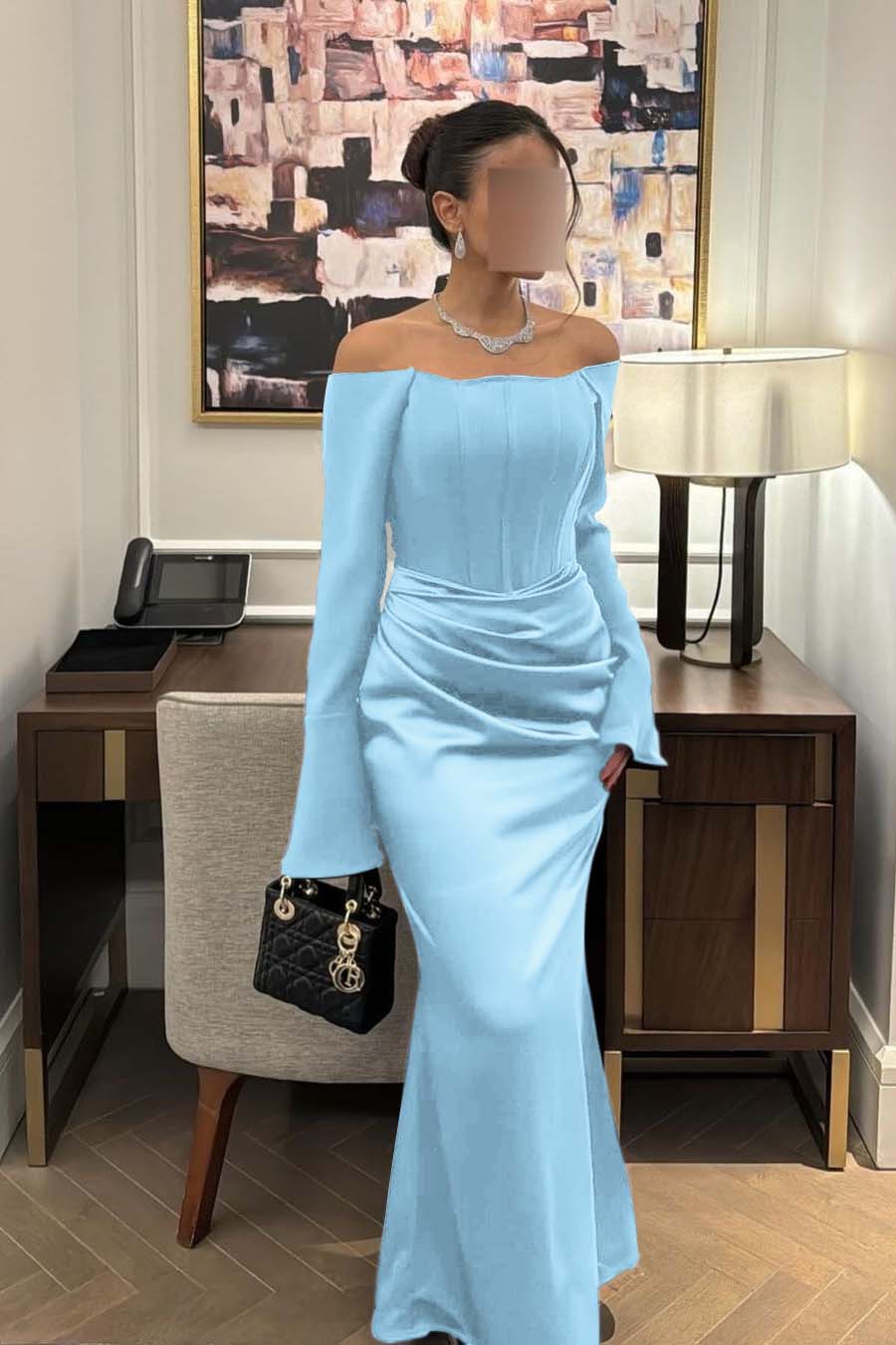Chic Satin Regency Off the Shoulder Long Sleeves Mermaid Prom Dress with Pleated