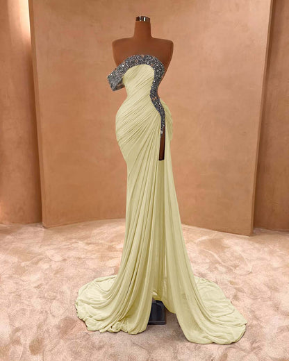 Light Purple Sleeveless Strapless Mermaid Beads Prom Dress