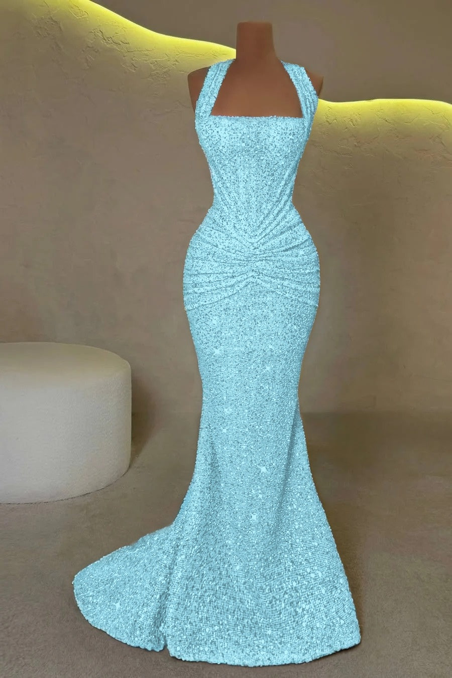 Gold Sleeveless Halter Straps Mermaid Prom Dress With Sequins
