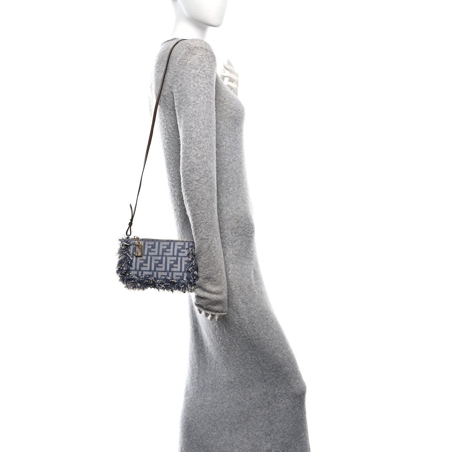 Denim Vitello Fringe FF Embroidered Baguette Pouch Myrtle Dark Nut