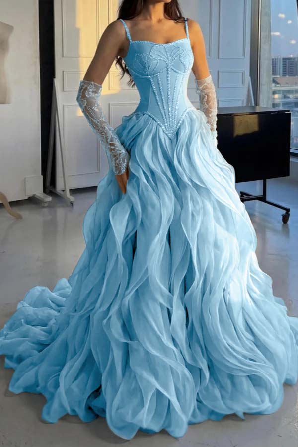 Stunning Silver Straps Formal Evening Dress Sleeveless Beading with Ruffles
