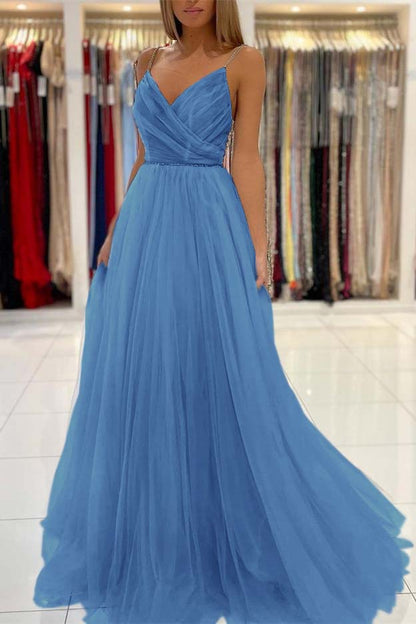 Long Light Sky Blue Spaghetti-Straps Tulle Prom Dress With Beads